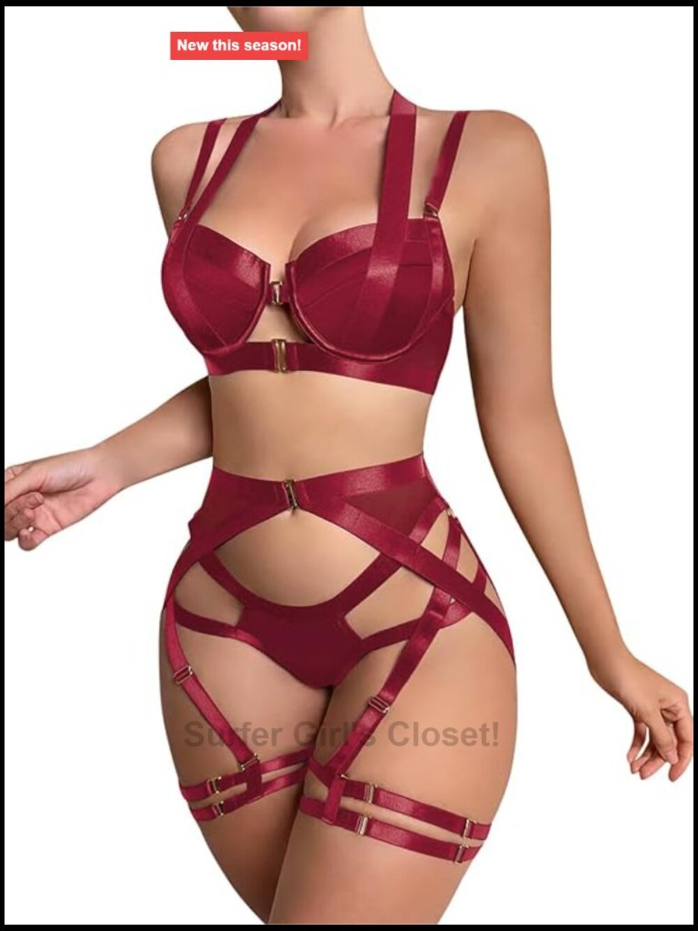 3pc Lingerie Set: Bra, Panty, Strappy Garter Harness, Push Up, Goth, Plus Size